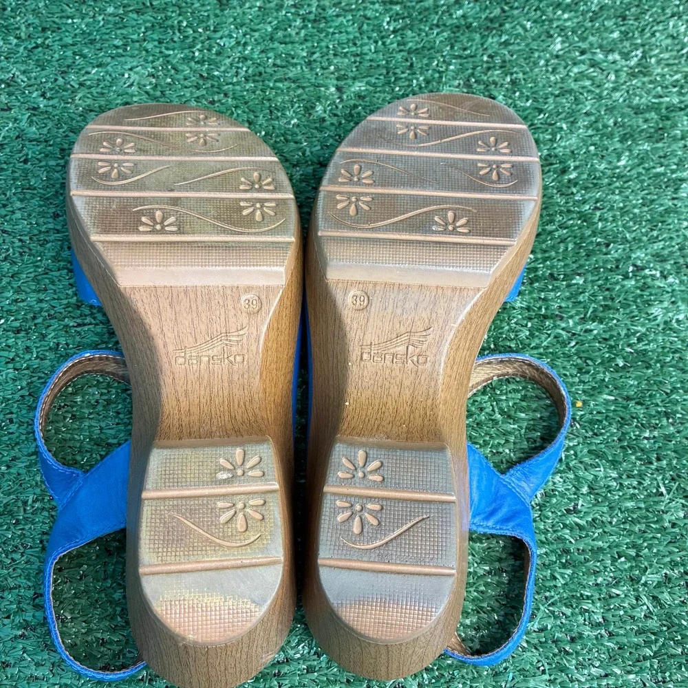 Dansko Thea Clog Leather Buckle Strap Platform Wedge Sandal Blue Womens Sz 8.5-9